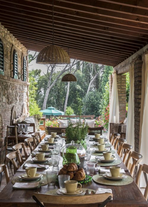 Set table for breakfast in the garden of Villa Piaggia,Montaione
